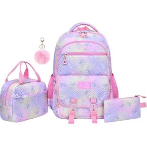 Kawaii Backpack and Lunch Box Set for Girls,4PCS Cute Ocean Theme School Backpack for Girls,Aesthetic Gradient Student Bookbag with Lunch Box,Pen Bag and Fur Ball Keychain(Pink,17.7in)