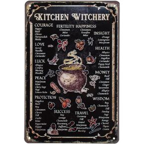 ERLOOD Kitchen Witchery Metal Decor Rustic Antique Decorations Witches Magic Knowledge Kitchen For Home HappinessTin Signs 8 x 12 Black