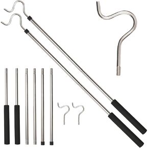 Closet Reacher Pole with Hook， 51 Inch 4PC Clothes Hook Pole with Long Sponge Handle Stainless Steel Pipe Lightweight Sturdy Pole wth Hook for Reaching Hanging Birdfeeder Outdoor