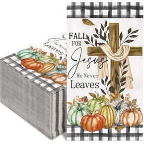AnyDesign 80 Pack Fall Guest Napkins Autumn Pumpkin Cross Disposable Paper Napkins Buffalo Plaids Dinner Hand Napkin for Thanksgiving Home Kitchen Bathroom Party Supplies, 13 x 15.7 Inch