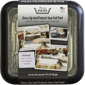 Fancy Panz, Serving Tray for Food, Made in the USA Foil Pan Carrier, Stackable Aluminum Pan Holders, 8x8 Travel Casserole Carrier With 1 Disposable Foil Pan & Serving Spoon, White