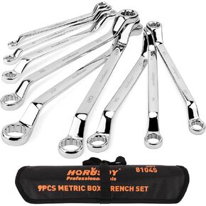 HORUSDY 9-Pece Metric Offset Box Wrench Set with Rolling Pouch, 75-Degree, Metric 6-24mm, CR-V Steel