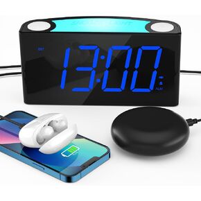 110db Loud Alarm Clock for Heavy Sleepers, Bed Shaker Alarm Clock with 7.5'' RGB Display,8 Color Night Light,Dimmer, 2 Chargers,Digital Vibrating Clock for Kids Bedroom/Seniors/ Deaf/Hearing Impaired