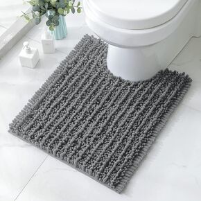HOMEIDEAS Toilet Rugs U Shaped, Striped Chenille Super Soft and Absorbent Bath Contour Toilet Mat with Non Slip Pad, Grey