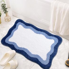 Bath Mats for Bathroom Non Slip 16"x24" Navy Piping Blue Bath Rug Gradient Irregular Shape Scalloped Bathroom Rug Microfiber Washable Absorbent Cute Bath Mat for Bedroom Floor Door Mat Sink Shower