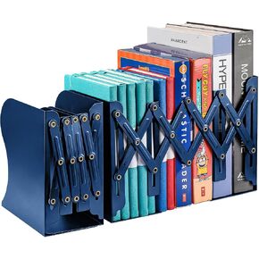Adjustable Bookends, Heavy Duty Metal Book Ends for Book, 2 Dividers, Nonslip Book Stander for Desk, Shelf, Office, Stationery Gift, Extends up to 19 inches (Blue) in Kuwait