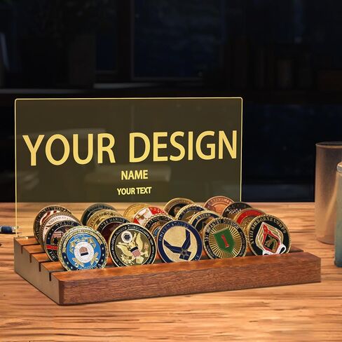 Challenge Coin Display, Light up Coin Holder American Flag with Warm White Color Light, 4 Row Holder Wooden Rack Gift for Military Army for Him Father, Military Coin Holder Display Case in Kuwait