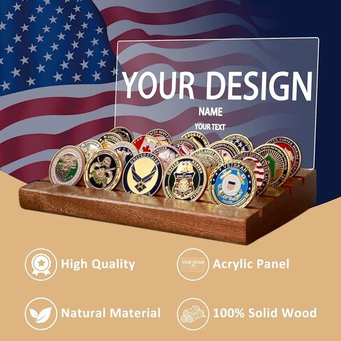 Challenge Coin Display, Light up Coin Holder American Flag with Warm White Color Light, 4 Row Holder Wooden Rack Gift for Military Army for Him Father, Military Coin Holder Display Case in Kuwait