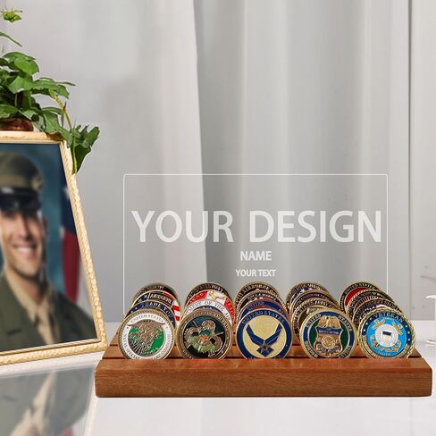 Challenge Coin Display, Light up Coin Holder American Flag with Warm White Color Light, 4 Row Holder Wooden Rack Gift for Military Army for Him Father, Military Coin Holder Display Case in Kuwait