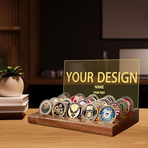 Challenge Coin Display, Light up Coin Holder American Flag with Warm White Color Light, 4 Row Holder Wooden Rack Gift for Military Army for Him Father, Military Coin Holder Display Case in Kuwait