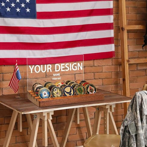 Challenge Coin Display, Light up Coin Holder American Flag with Warm White Color Light, 4 Row Holder Wooden Rack Gift for Military Army for Him Father, Military Coin Holder Display Case in Kuwait