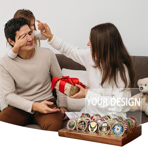 Challenge Coin Display, Light up Coin Holder American Flag with Warm White Color Light, 4 Row Holder Wooden Rack Gift for Military Army for Him Father, Military Coin Holder Display Case in Kuwait