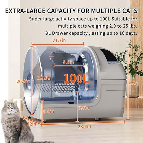 Dakeres Automatic Cat Litter Box Self Cleaning 100L Extra Large Cat Litter Box with APP Control & Safe Alert & Smart Health Monitor, Odor Removal Cat Litter Box for Multiple Cats, Grey in Kuwait