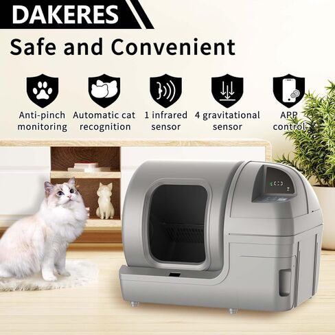 Dakeres Automatic Cat Litter Box Self Cleaning 100L Extra Large Cat Litter Box with APP Control & Safe Alert & Smart Health Monitor, Odor Removal Cat Litter Box for Multiple Cats, Grey in Kuwait