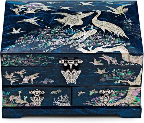 MADDesign Mother of Pearl Lacquered Jewelry Box Two Level Cranes Blue in Kuwait