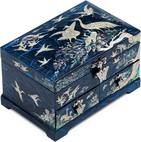 MADDesign Mother of Pearl Lacquered Jewelry Box Two Level Cranes Blue in Kuwait