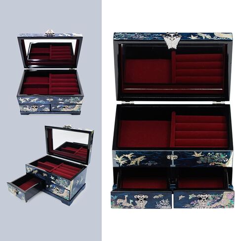 MADDesign Mother of Pearl Lacquered Jewelry Box Two Level Cranes Blue in Kuwait