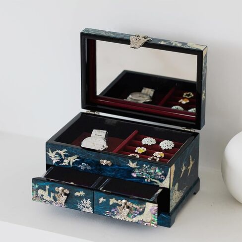 MADDesign Mother of Pearl Lacquered Jewelry Box Two Level Cranes Blue in Kuwait