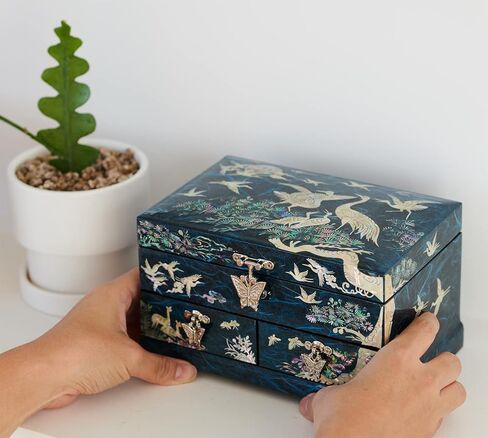 MADDesign Mother of Pearl Lacquered Jewelry Box Two Level Cranes Blue in Kuwait