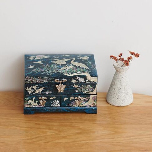 MADDesign Mother of Pearl Lacquered Jewelry Box Two Level Cranes Blue in Kuwait
