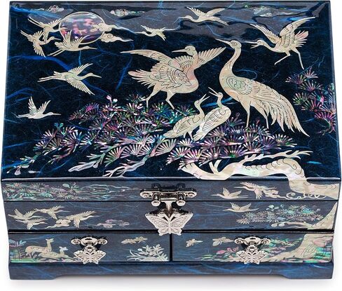 MADDesign Mother of Pearl Lacquered Jewelry Box Two Level Cranes Blue in Kuwait