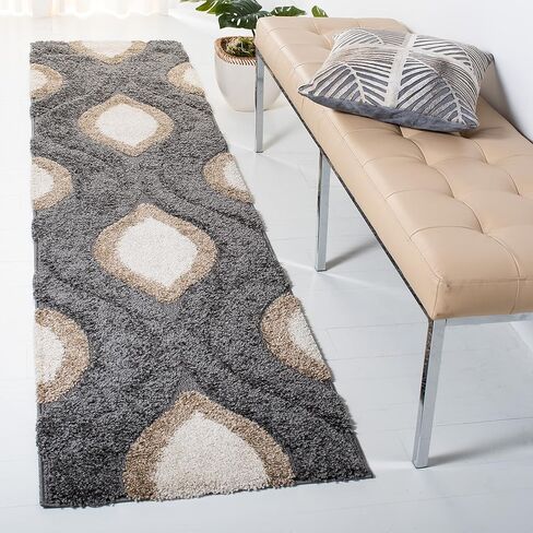سجادة SAFAVIEH Florida Shag Collection - 2'3" x 9'، رمادي وعاجي، تصميم Ogee حديث، لا يتساقط ويسهل العناية به، سمك 1.2 بوصة مثالي للمناطق ذات حركة المرور العالية في غرفة المعيشة وغرفة النوم (SG461-8012) in Kuwait