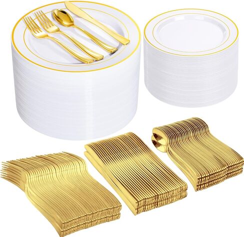 600 Pieces Gold Plastic Plates - Plastic Silverware Set(100 Guests), Gold Disposable Plates for Party, Dinnerware Set of 100 Dinner Plates,100 Salad Plates,100 Spoons,100 Knives,200 Gold Plastic Forks in Saudi Arabia