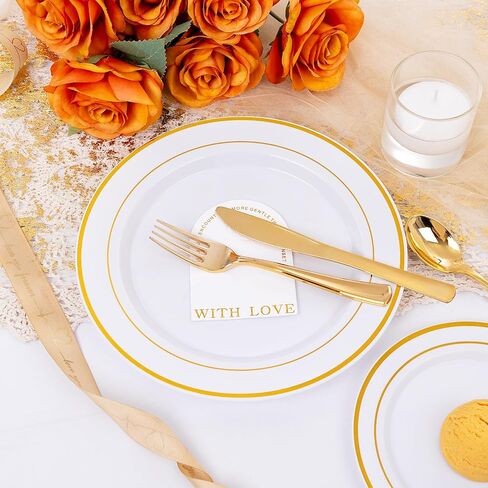 600 Pieces Gold Plastic Plates - Plastic Silverware Set(100 Guests), Gold Disposable Plates for Party, Dinnerware Set of 100 Dinner Plates,100 Salad Plates,100 Spoons,100 Knives,200 Gold Plastic Forks in Saudi Arabia
