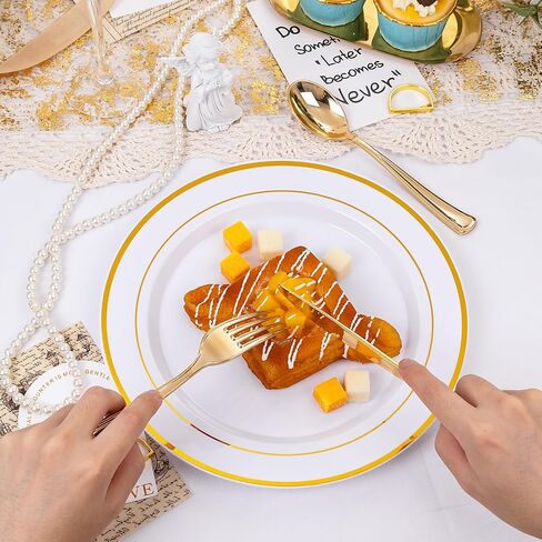 600 Pieces Gold Plastic Plates - Plastic Silverware Set(100 Guests), Gold Disposable Plates for Party, Dinnerware Set of 100 Dinner Plates,100 Salad Plates,100 Spoons,100 Knives,200 Gold Plastic Forks in Saudi Arabia