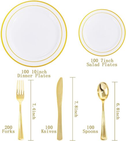 600 Pieces Gold Plastic Plates - Plastic Silverware Set(100 Guests), Gold Disposable Plates for Party, Dinnerware Set of 100 Dinner Plates,100 Salad Plates,100 Spoons,100 Knives,200 Gold Plastic Forks in Saudi Arabia