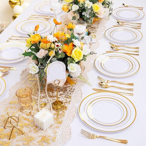600 Pieces Gold Plastic Plates - Plastic Silverware Set(100 Guests), Gold Disposable Plates for Party, Dinnerware Set of 100 Dinner Plates,100 Salad Plates,100 Spoons,100 Knives,200 Gold Plastic Forks in Saudi Arabia
