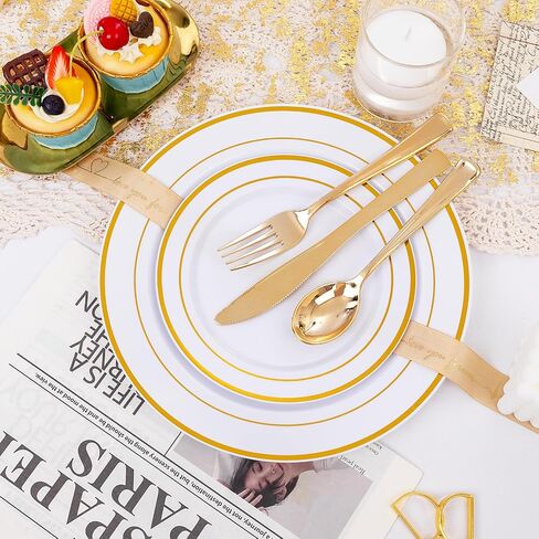600 Pieces Gold Plastic Plates - Plastic Silverware Set(100 Guests), Gold Disposable Plates for Party, Dinnerware Set of 100 Dinner Plates,100 Salad Plates,100 Spoons,100 Knives,200 Gold Plastic Forks in Saudi Arabia