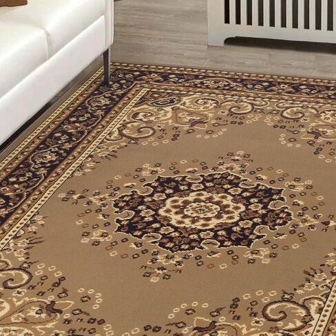 Superior Indoor Large Area Rug with Jute Backing, Floor Decor for Bedroom, Farmhouse, Kitchen, Office, Living Room, Woven Rugs, Elegant Medallion Border, Leopold Collection, 5' x 8', Brown in Saudi Arabia