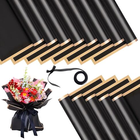 Xanllaxa 60 ورقة ورق تغليف الزهور، ورق مقاوم للماء باللون الوردي والأسود والأبيض، ورق تغليف بحافة ذهبية ورق مزدوج الجوانب لتوريد الزهور، وحفلات الزفاف، وعيد الحب، وأعياد الميلاد، وباقة (22.8 × 22.8 بوصة) in Kuwait