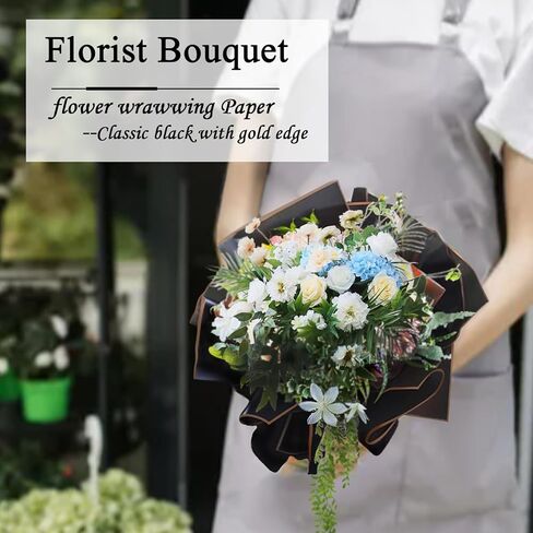 Xanllaxa 60 ورقة ورق تغليف الزهور، ورق مقاوم للماء باللون الوردي والأسود والأبيض، ورق تغليف بحافة ذهبية ورق مزدوج الجوانب لتوريد الزهور، وحفلات الزفاف، وعيد الحب، وأعياد الميلاد، وباقة (22.8 × 22.8 بوصة) in Kuwait