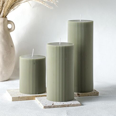 Ribbed Pillar Candles Set of 3, Width 3" High 4" 6" 8" Large Soy Wax Scented Pillar Candles Aesthetic Candles Ribbed Candles Modern Home Decor for Bathroom Living Room (Bean Green) in Kuwait