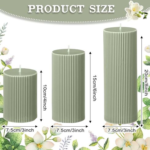 Ribbed Pillar Candles Set of 3, Width 3" High 4" 6" 8" Large Soy Wax Scented Pillar Candles Aesthetic Candles Ribbed Candles Modern Home Decor for Bathroom Living Room (Bean Green) in Kuwait