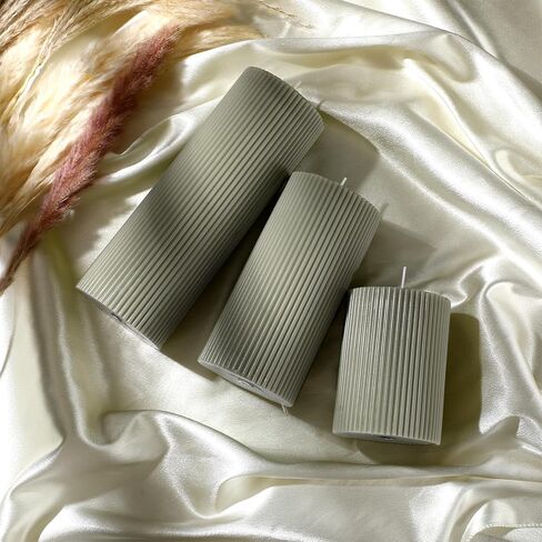 Ribbed Pillar Candles Set of 3, Width 3" High 4" 6" 8" Large Soy Wax Scented Pillar Candles Aesthetic Candles Ribbed Candles Modern Home Decor for Bathroom Living Room (Bean Green) in Kuwait