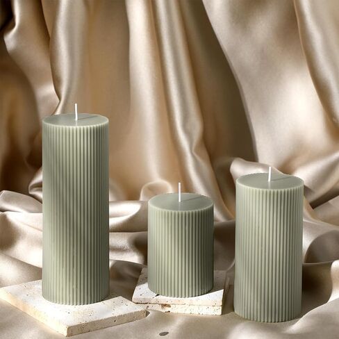 Ribbed Pillar Candles Set of 3, Width 3" High 4" 6" 8" Large Soy Wax Scented Pillar Candles Aesthetic Candles Ribbed Candles Modern Home Decor for Bathroom Living Room (Bean Green) in Kuwait
