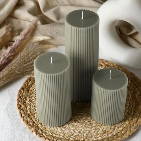Ribbed Pillar Candles Set of 3, Width 3" High 4" 6" 8" Large Soy Wax Scented Pillar Candles Aesthetic Candles Ribbed Candles Modern Home Decor for Bathroom Living Room (Bean Green) in Kuwait
