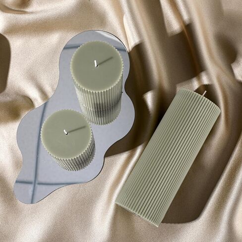 Ribbed Pillar Candles Set of 3, Width 3" High 4" 6" 8" Large Soy Wax Scented Pillar Candles Aesthetic Candles Ribbed Candles Modern Home Decor for Bathroom Living Room (Bean Green) in Kuwait