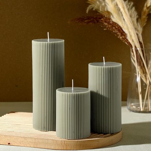Ribbed Pillar Candles Set of 3, Width 3" High 4" 6" 8" Large Soy Wax Scented Pillar Candles Aesthetic Candles Ribbed Candles Modern Home Decor for Bathroom Living Room (Bean Green) in Kuwait