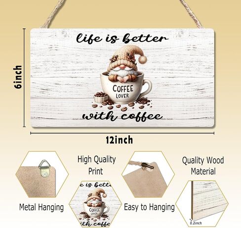 Coffee Gnomes Wooden Sign, Funny Gnome Coffee Hanging Sign Wall Decor for Coffee Lovers, Vintage Art Hanging Sign Decor, Kitchen Coffee Bar Club Door Decor 12 x 6 Inch in Saudi Arabia