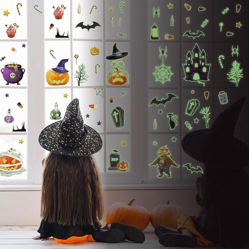 WALPLUS Halloween Window Clings Halloween ديكورات التخليص على الوجهين قابلة لإعادة الاستخدام وقشر وعصا قابلة للإزالة للزجاج غرفة المعيشة غرفة الحضانة المنزل مكتب الهالوين مخلوقات مخيفة سوداء 60 قطعة in Kuwait