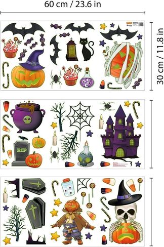 WALPLUS Halloween Window Clings Halloween ديكورات التخليص على الوجهين قابلة لإعادة الاستخدام وقشر وعصا قابلة للإزالة للزجاج غرفة المعيشة غرفة الحضانة المنزل مكتب الهالوين مخلوقات مخيفة سوداء 60 قطعة in Kuwait