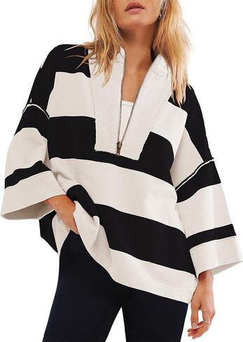 قميص حريمي مخطط كبير الحجم من Yanekop، نصف سحاب، سويت شيرت ملون برقبة على شكل حرف V، بلوفر كاجوال بأكمام طويلة (أسود وأبيض، 2XL) in Kuwait