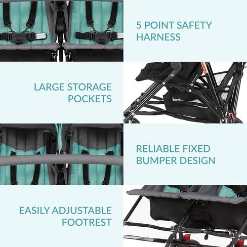 Dream On Me Volgo Twin Baby Stroller, Compact Side-by-Side Double Umbrella Stroller, 5-Point Safety Harness, Adjustable Canopy, Storage Basket & Travel-Friendly Fold, Black in Saudi Arabia