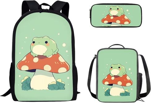 حقيبة ظهر Kawaii Mushroom Frog وصندوق غداء مقلمة مجموعة للفتيات في المدرسة المتوسطة حقيبة كتب مكونة من 3 حقائب سفر خفيفة الوزن in Kuwait