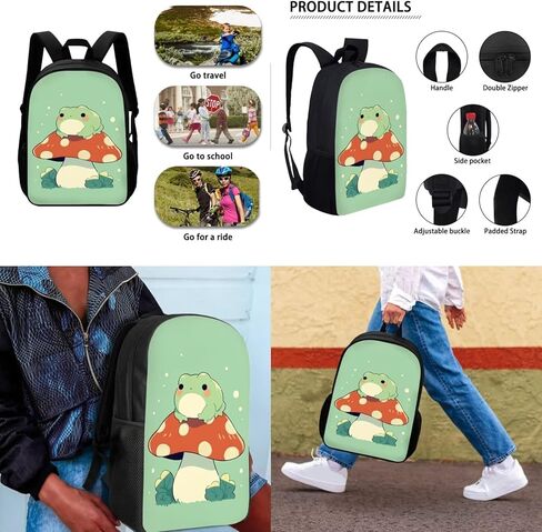 حقيبة ظهر Kawaii Mushroom Frog وصندوق غداء مقلمة مجموعة للفتيات في المدرسة المتوسطة حقيبة كتب مكونة من 3 حقائب سفر خفيفة الوزن in Kuwait