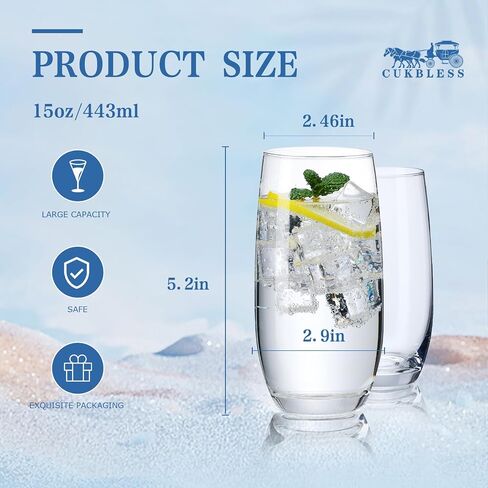CUKBLESS Drinking Glasses Set of 6, Crystal Highball Water Glasses, Glass Cups for Water, Juice, Beverage, Mojito, Mixed Drinks, Cocktail Glass Set-15 Oz in Saudi Arabia